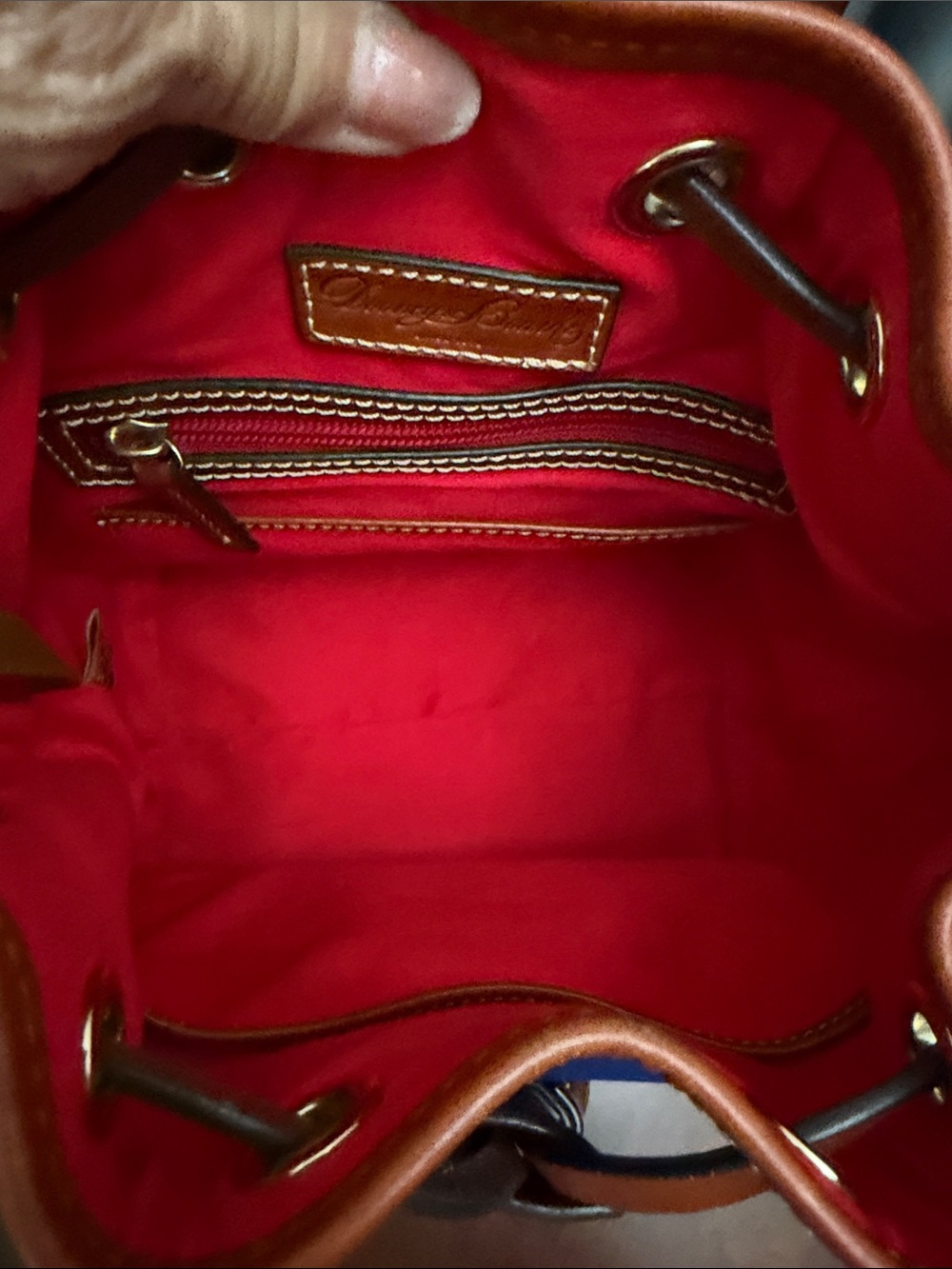 Dooney & Bourke Blue Leather Drawstring Bucket Bag with Brown Trim and Tassels - Picture 15 of 16